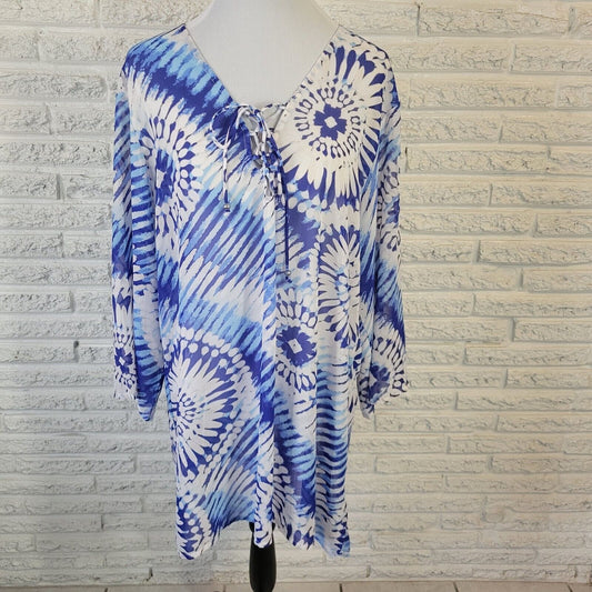 Ana Womens Top 2X Tunic 3/4 Sleeve Blue Tie Dye Lace Up Lightweight Sheer Casual