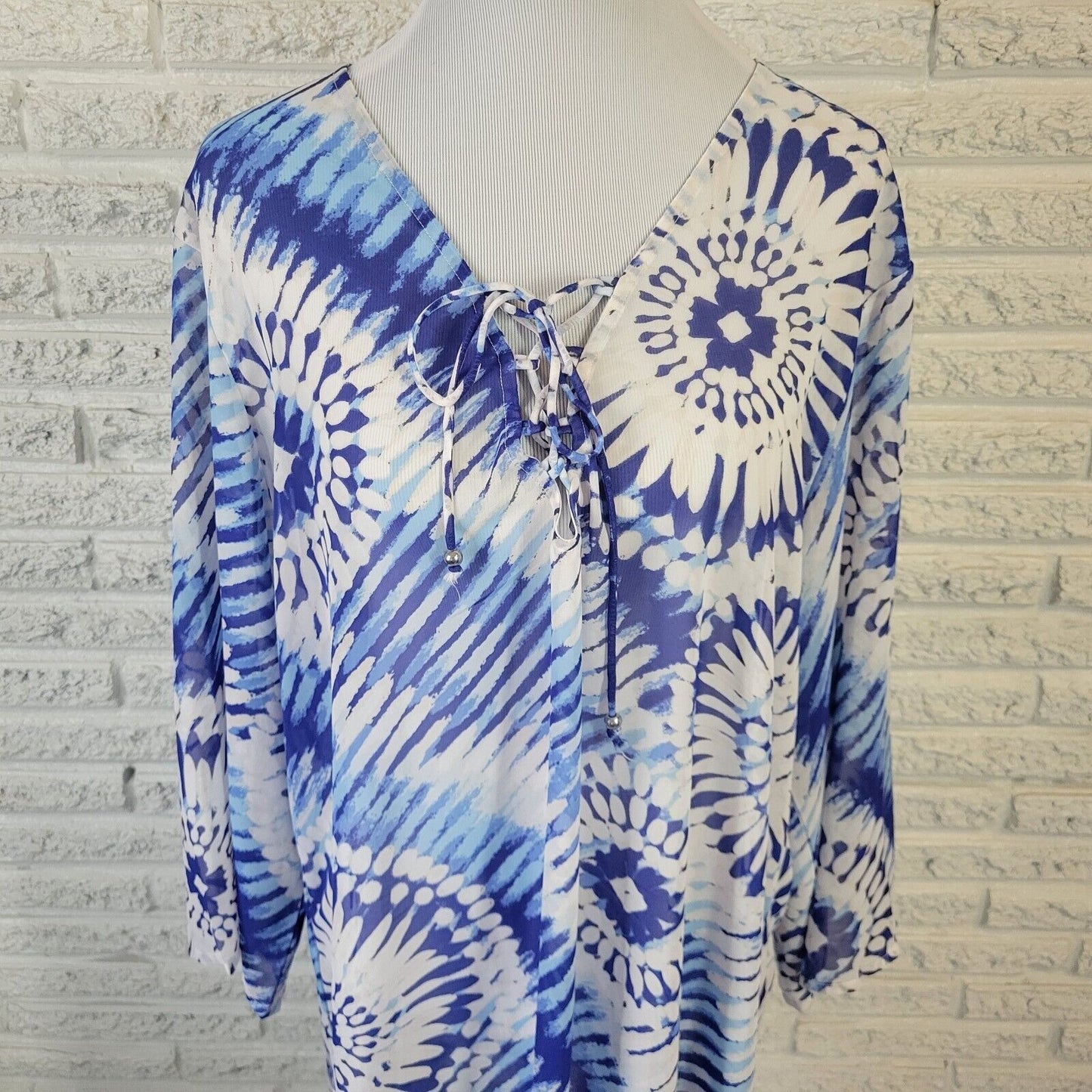 Ana Womens Top 2X Tunic 3/4 Sleeve Blue Tie Dye Lace Up Lightweight Sheer Casual