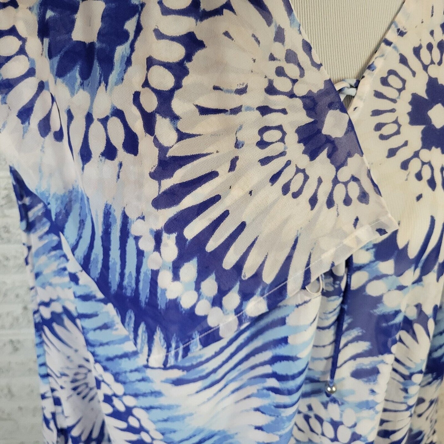 Ana Womens Top 2X Tunic 3/4 Sleeve Blue Tie Dye Lace Up Lightweight Sheer Casual