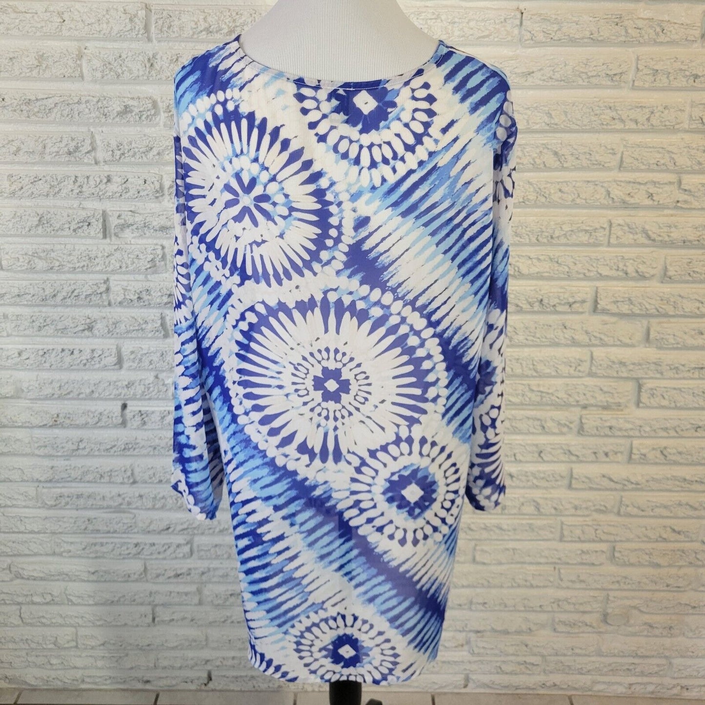 Ana Womens Top 2X Tunic 3/4 Sleeve Blue Tie Dye Lace Up Lightweight Sheer Casual