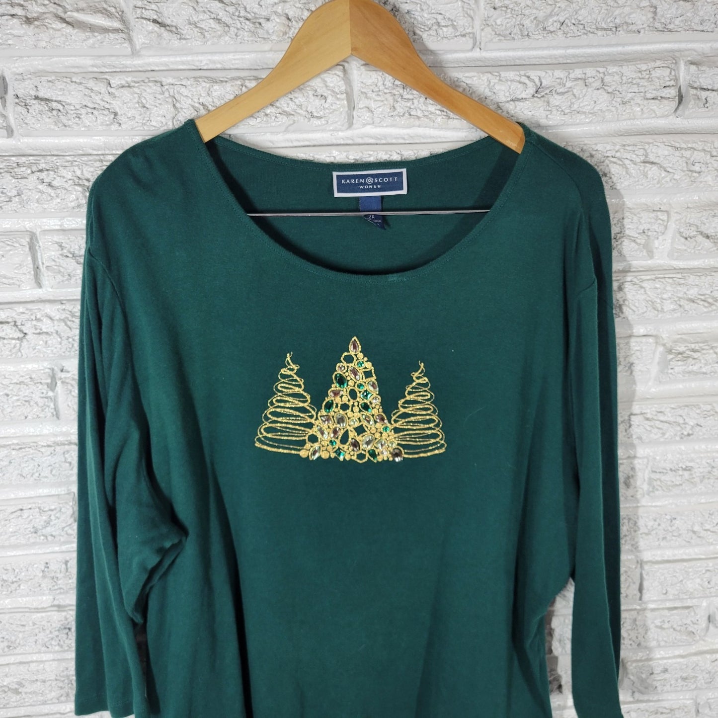 Christmas Karen Scott Womens Top 2X Plus 3/4 Sleeve Green Embroidered Rhinestone