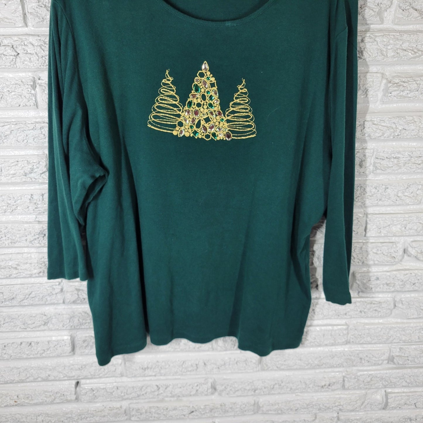 Christmas Karen Scott Womens Top 2X Plus 3/4 Sleeve Green Embroidered Rhinestone