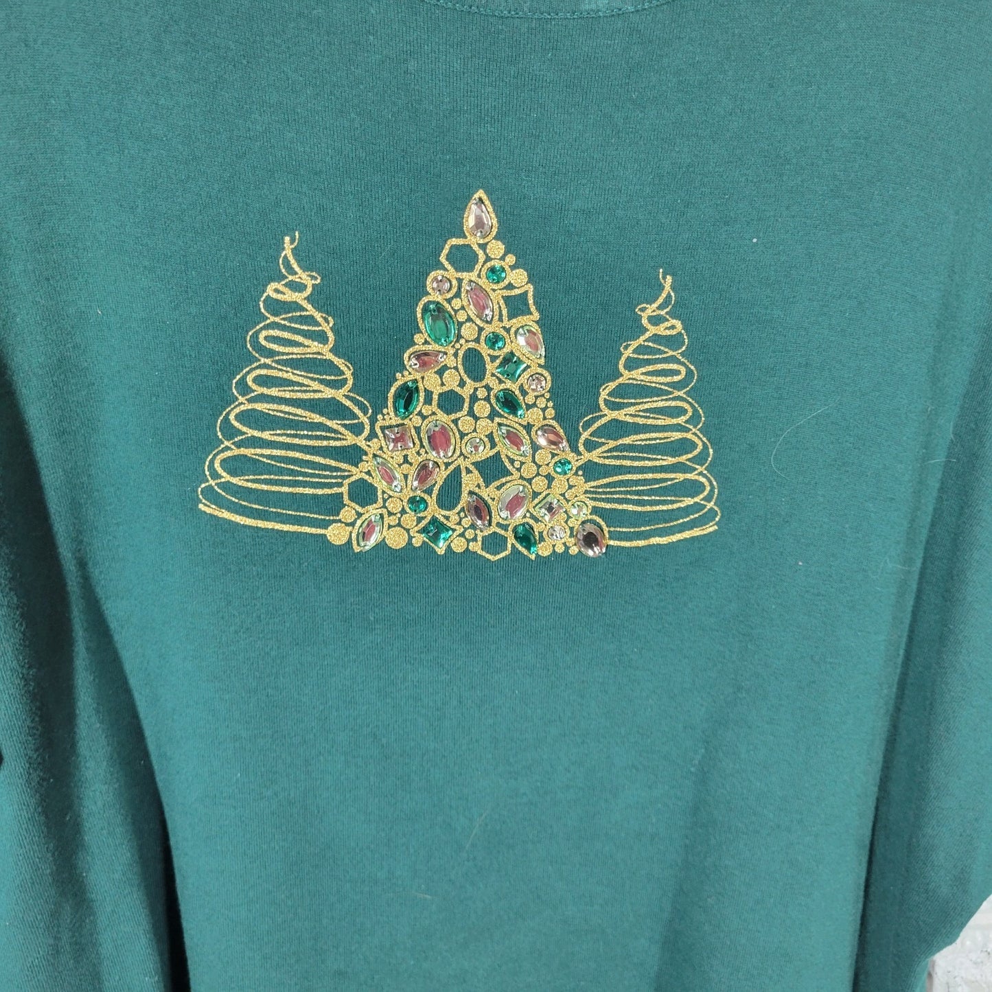 Christmas Karen Scott Womens Top 2X Plus 3/4 Sleeve Green Embroidered Rhinestone