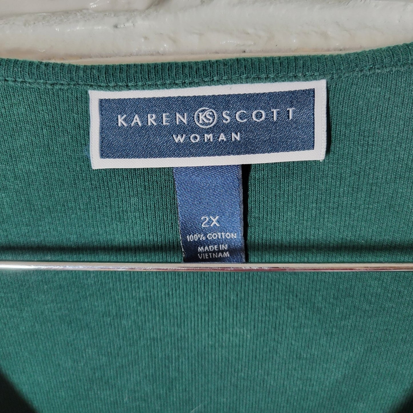 Christmas Karen Scott Womens Top 2X Plus 3/4 Sleeve Green Embroidered Rhinestone