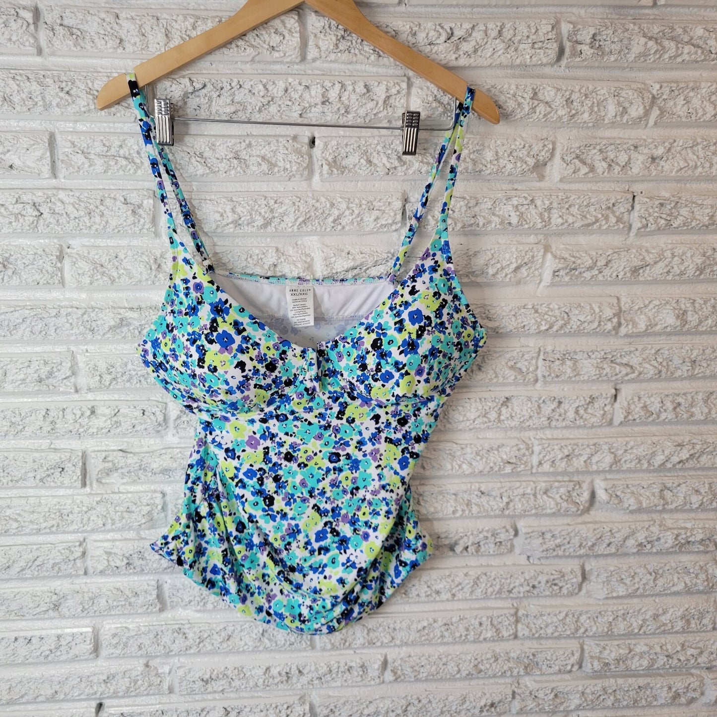 Anne Cole Womens Swim Top XXL Adjustable Spaghetti Blue Green Floral Underwire