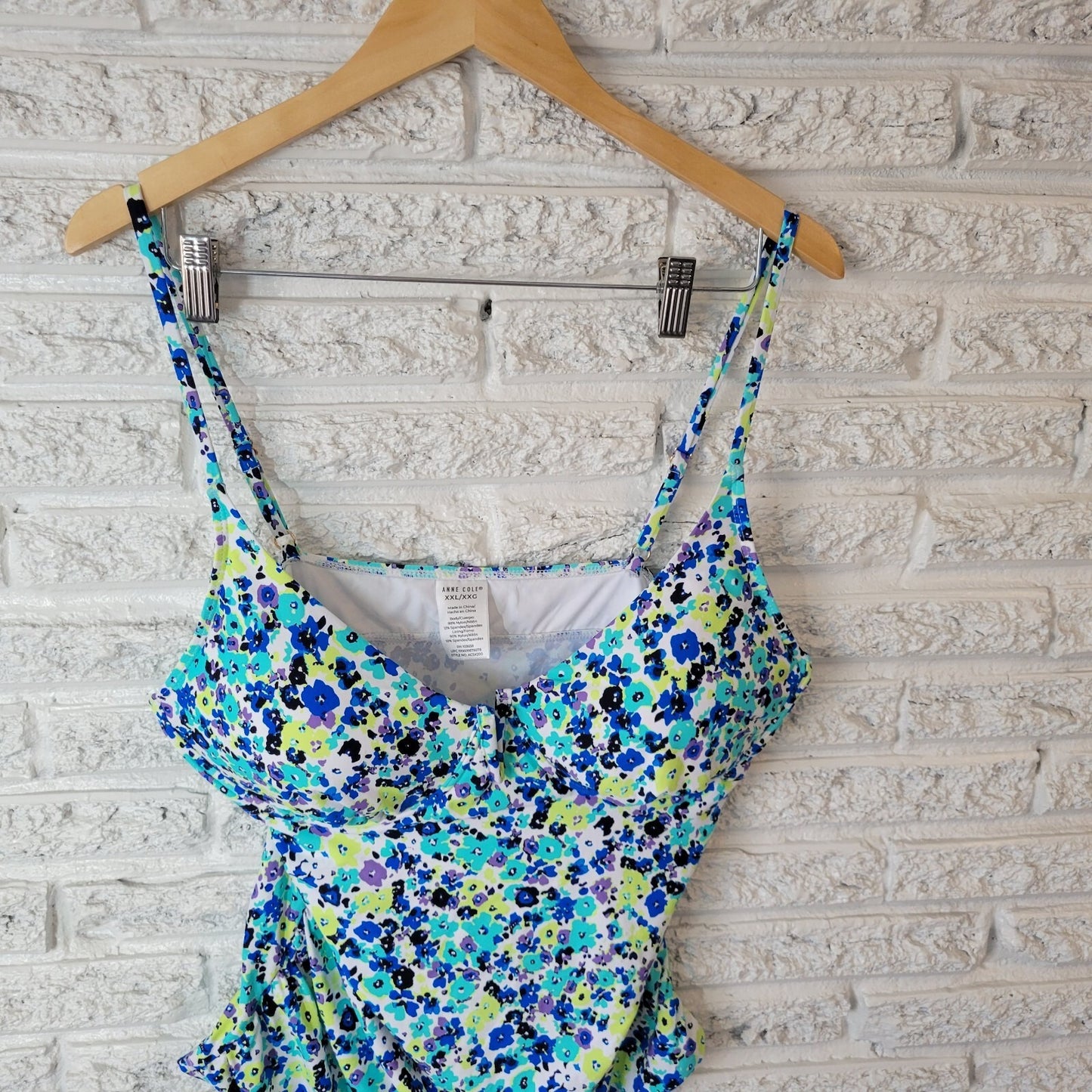 Anne Cole Womens Swim Top XXL Adjustable Spaghetti Blue Green Floral Underwire