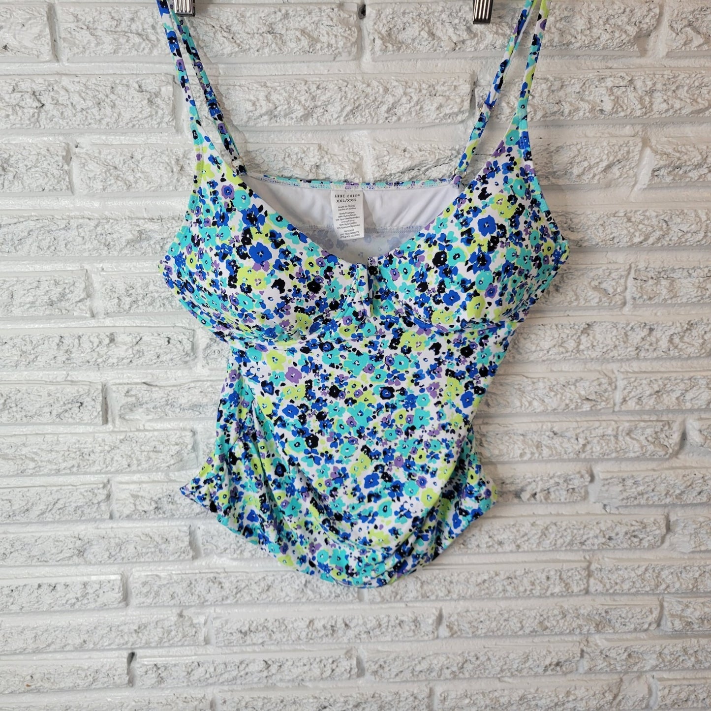 Anne Cole Womens Swim Top XXL Adjustable Spaghetti Blue Green Floral Underwire