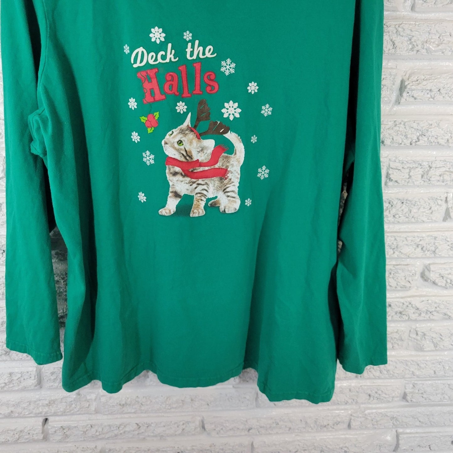 Christmas Holiday Editions Womens Top 3X Plus Tee Cat Reindeer Deck the Halls