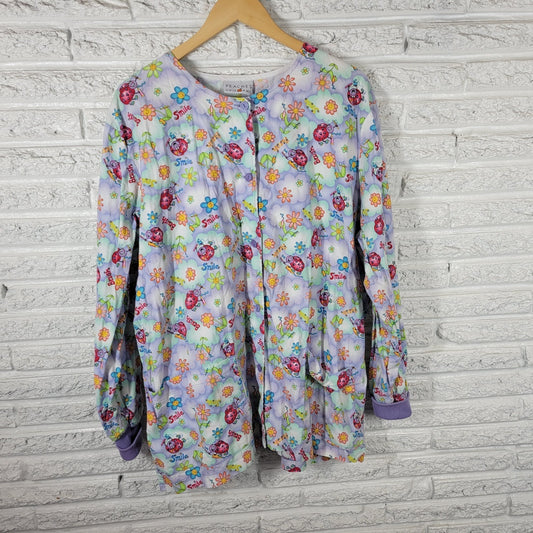 Peaches Unisex Scrub Top 2XL Plus Long Sleeve Button Up Dental Lavender Ladybugs