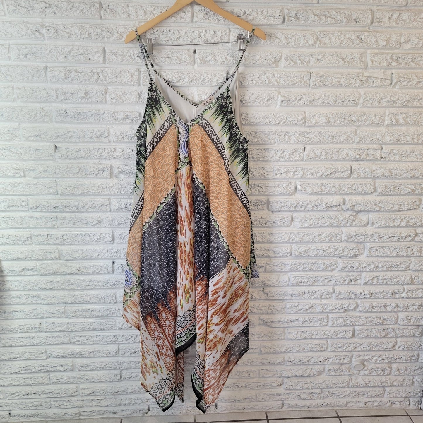 Magic Womens Dress 2X Slip Mini Layered Handkerchief Hem Boho Gold Green Lined