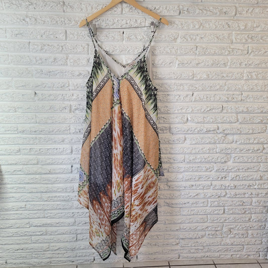 Magic Womens Dress 2X Slip Mini Layered Handkerchief Hem Boho Gold Green Lined