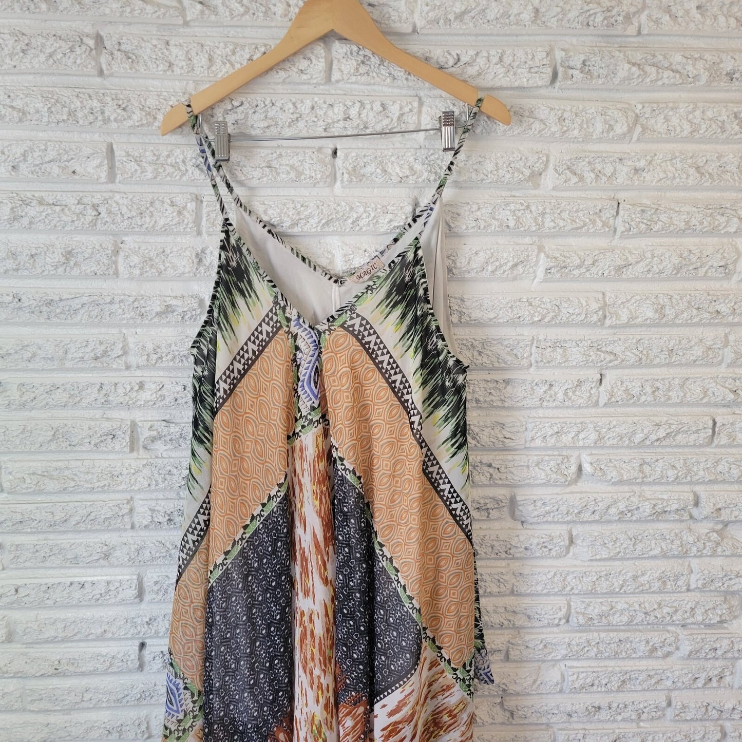 Magic Womens Dress 2X Slip Mini Layered Handkerchief Hem Boho Gold Green Lined