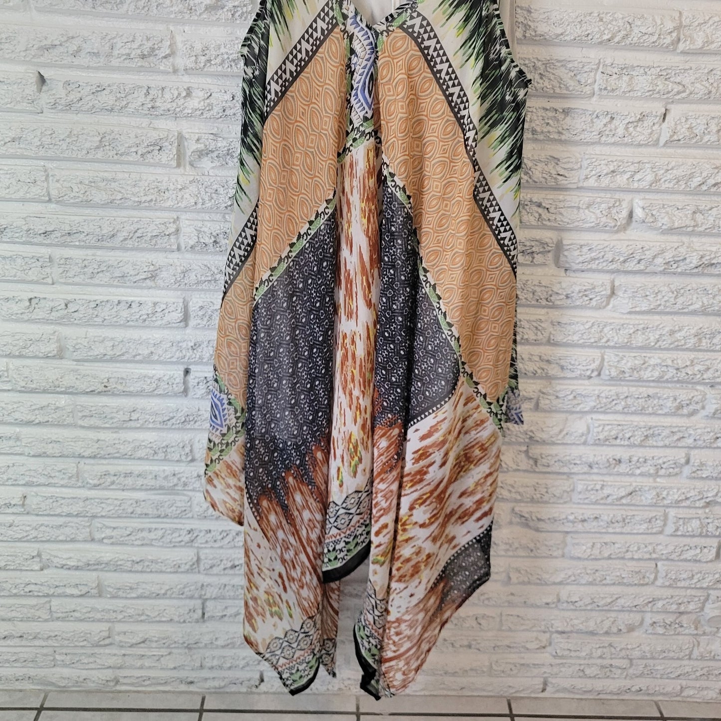 Magic Womens Dress 2X Slip Mini Layered Handkerchief Hem Boho Gold Green Lined