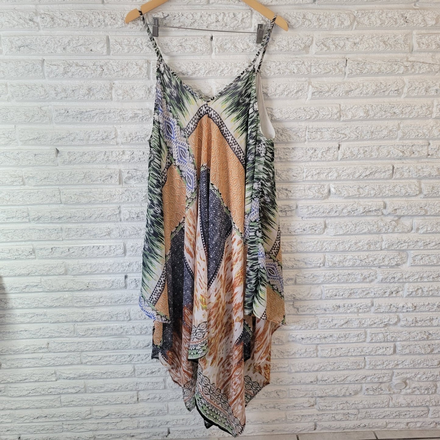 Magic Womens Dress 2X Slip Mini Layered Handkerchief Hem Boho Gold Green Lined