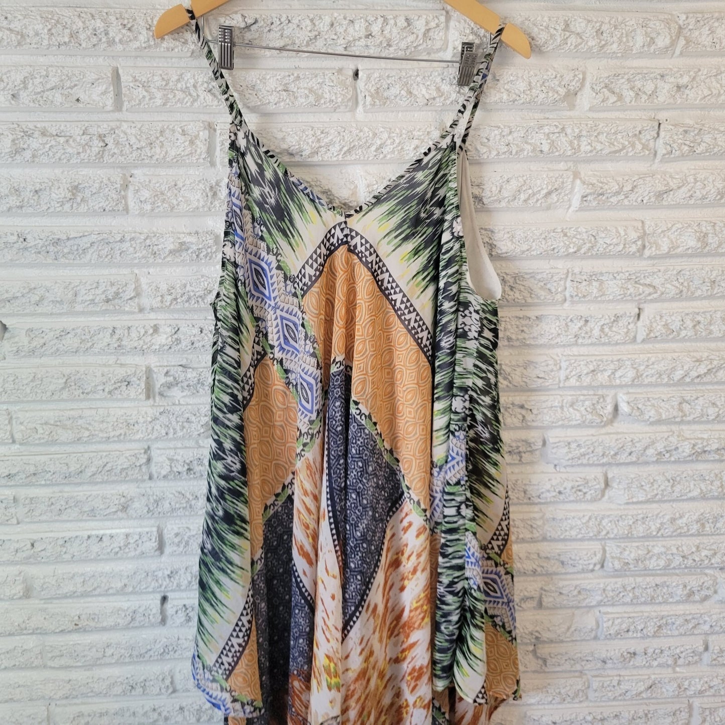 Magic Womens Dress 2X Slip Mini Layered Handkerchief Hem Boho Gold Green Lined