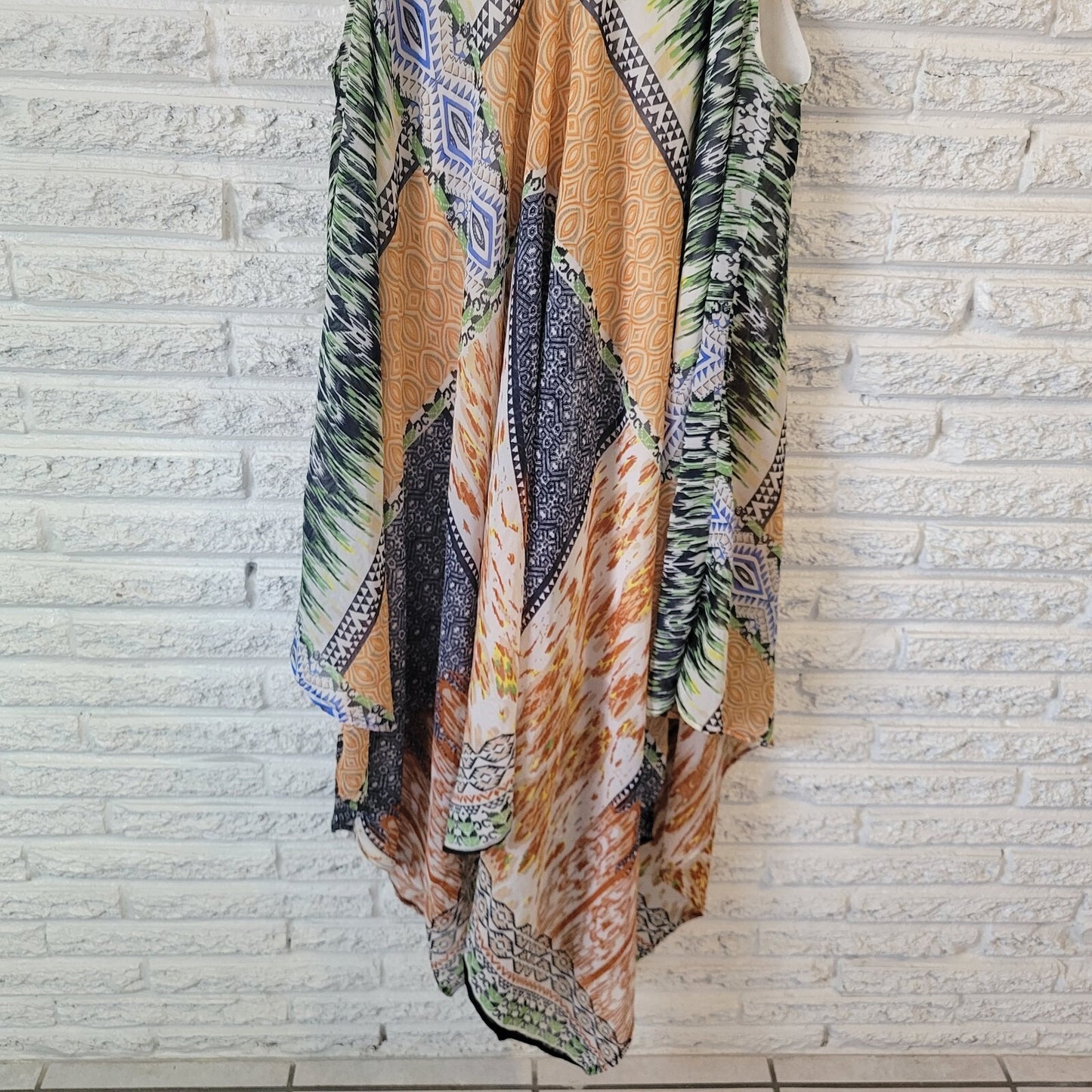 Magic Womens Dress 2X Slip Mini Layered Handkerchief Hem Boho Gold Green Lined