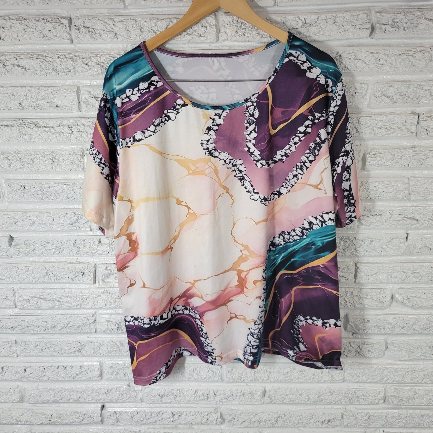 Womens Top 3XL Plus Tee Short Sleeve Purple Gold Watercolor Poly Blend Comfy