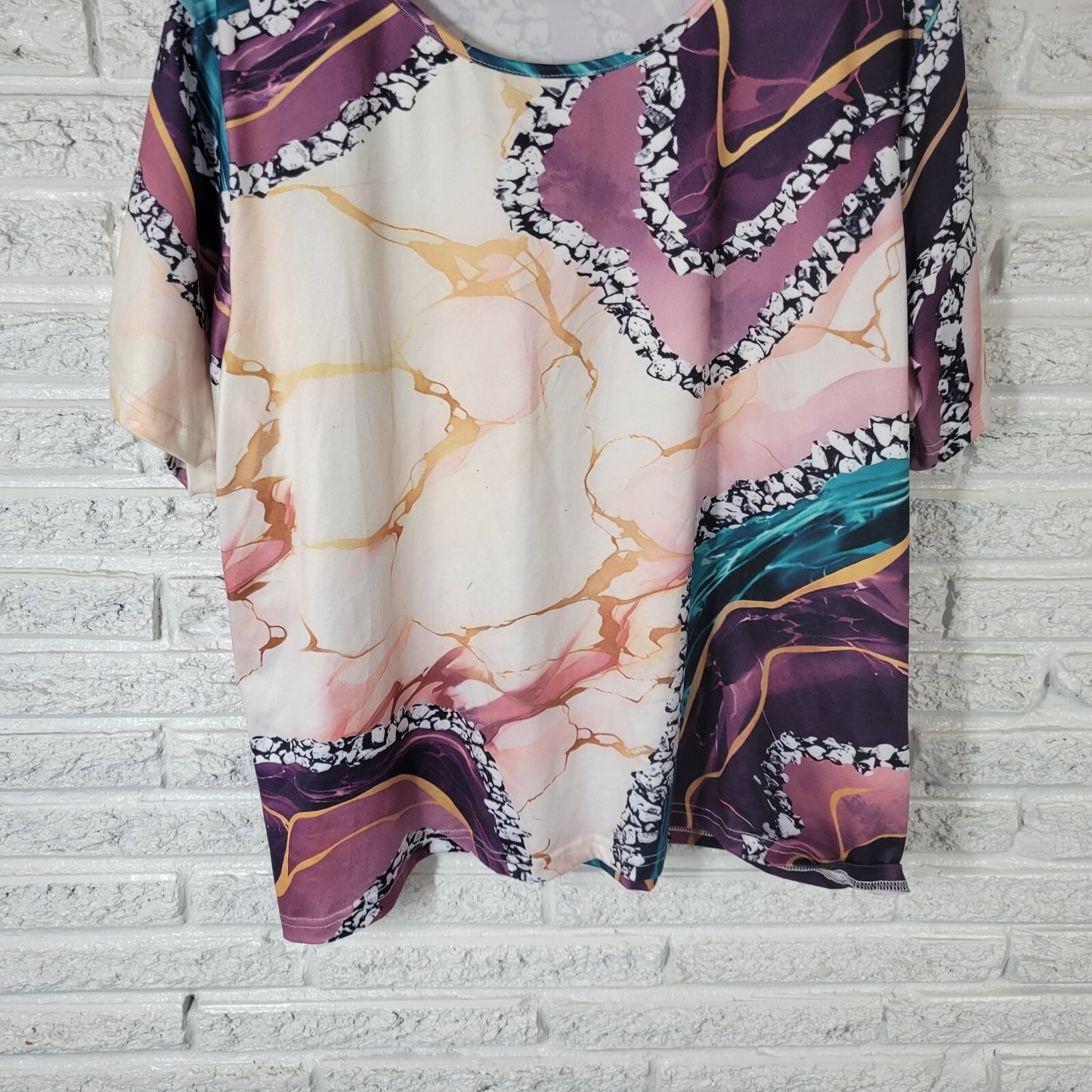 Womens Top 3XL Plus Tee Short Sleeve Purple Gold Watercolor Poly Blend Comfy