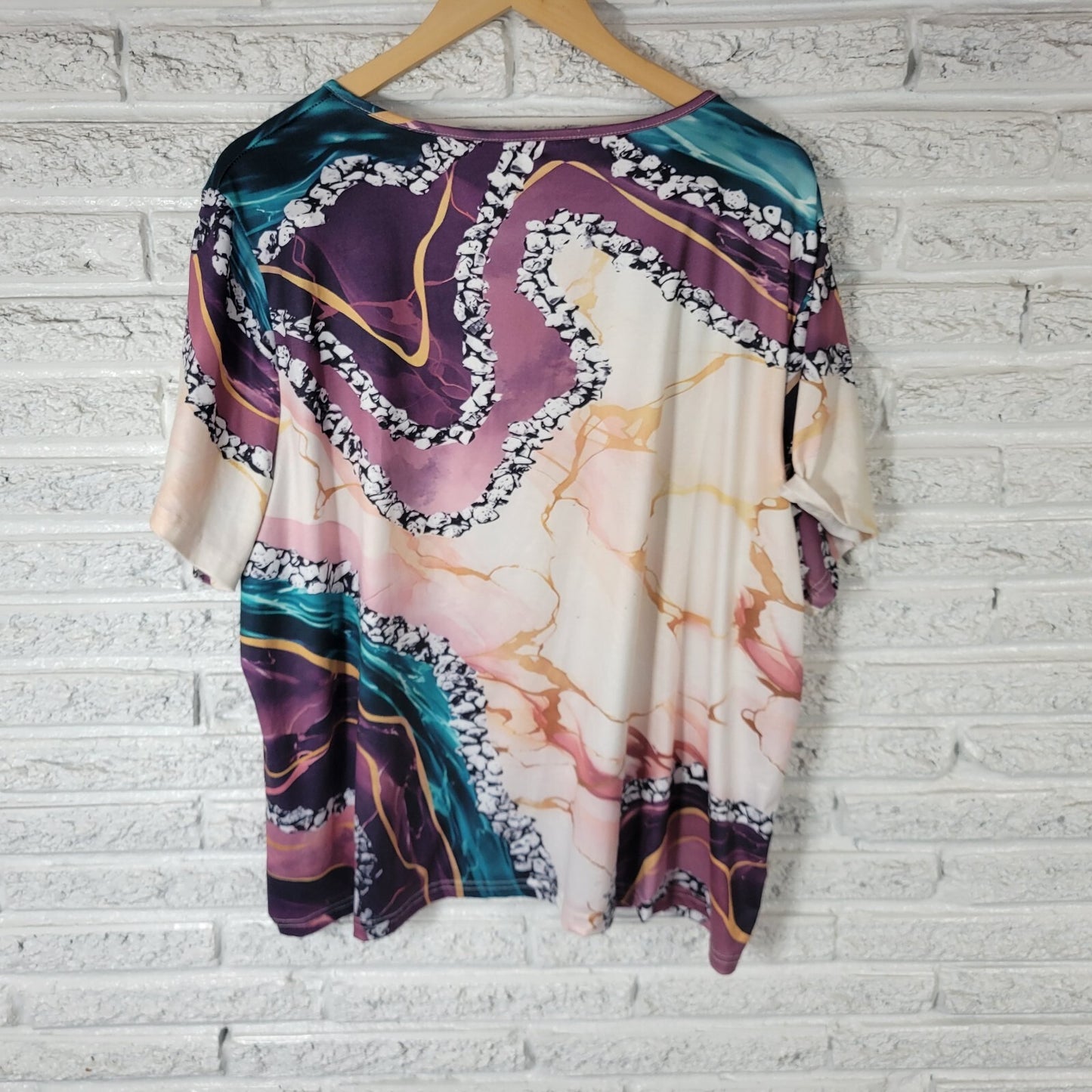 Womens Top 3XL Plus Tee Short Sleeve Purple Gold Watercolor Poly Blend Comfy