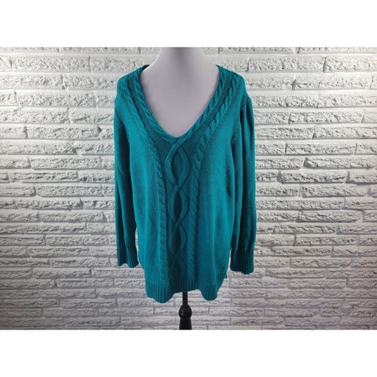 Chaps Womens Sweater 3X Plus Pullover Cable Knit Blue Green Cotton Blend Casual