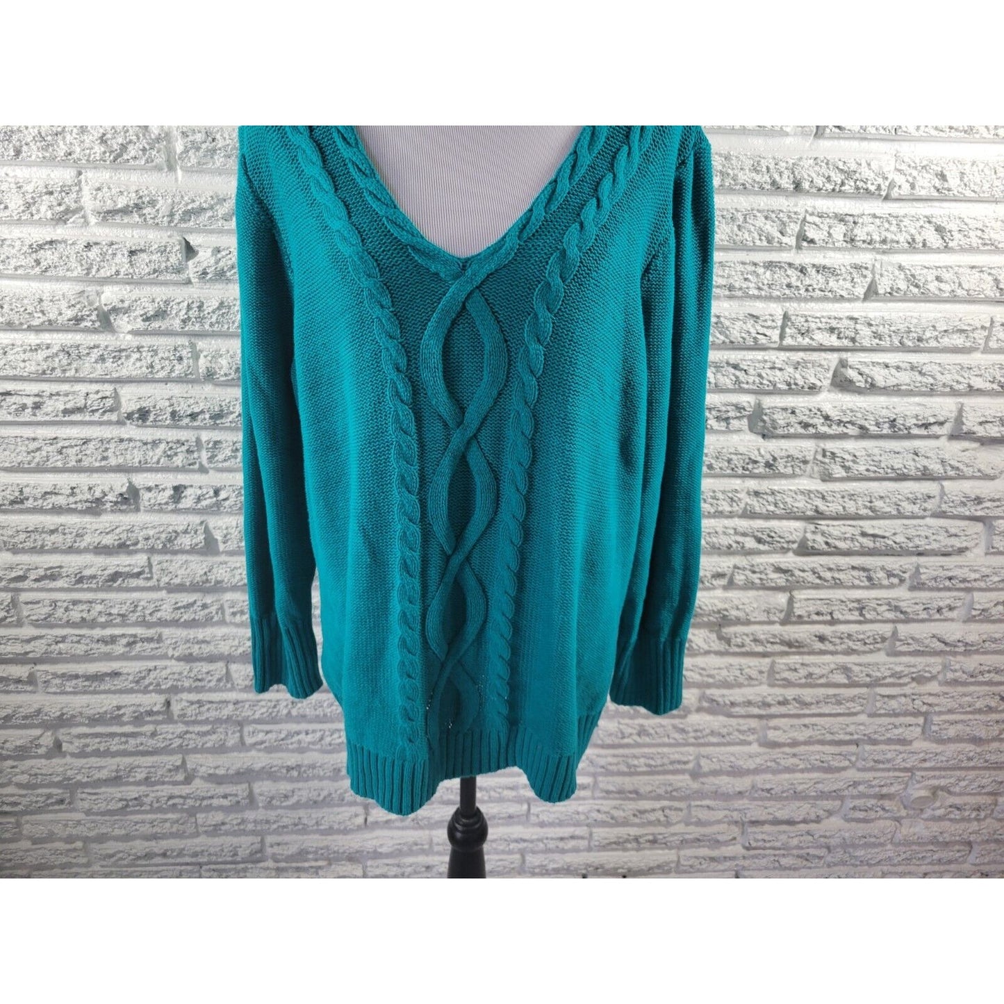 Chaps Womens Sweater 3X Plus Pullover Cable Knit Blue Green Cotton Blend Casual