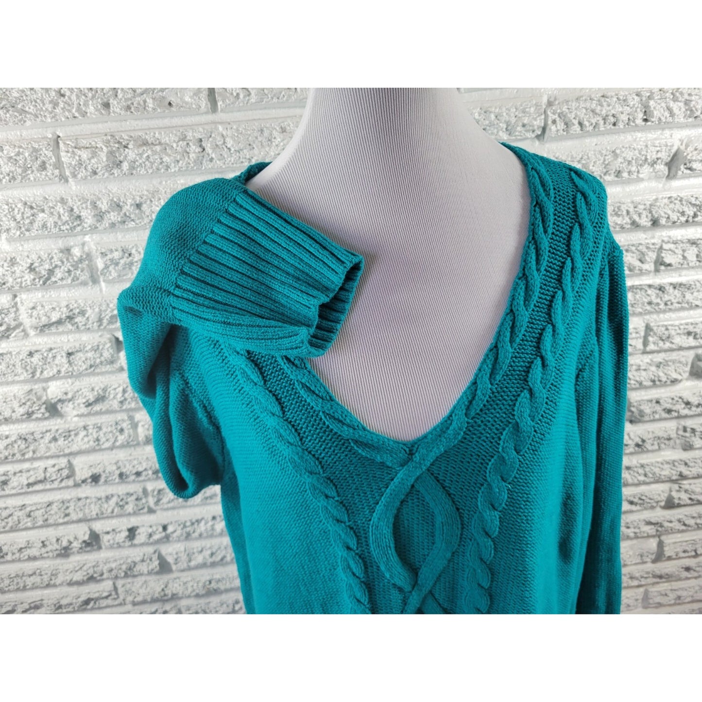Chaps Womens Sweater 3X Plus Pullover Cable Knit Blue Green Cotton Blend Casual