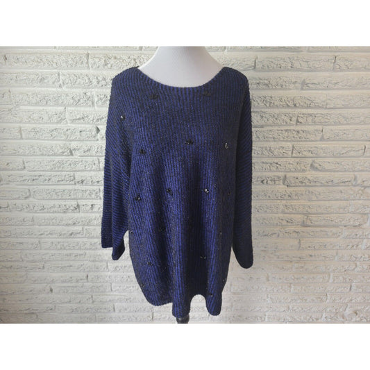 Ruby Rd Womens Sweater 2X Plus Tunic Tight Knit Blue Stripe Metallic Beaded