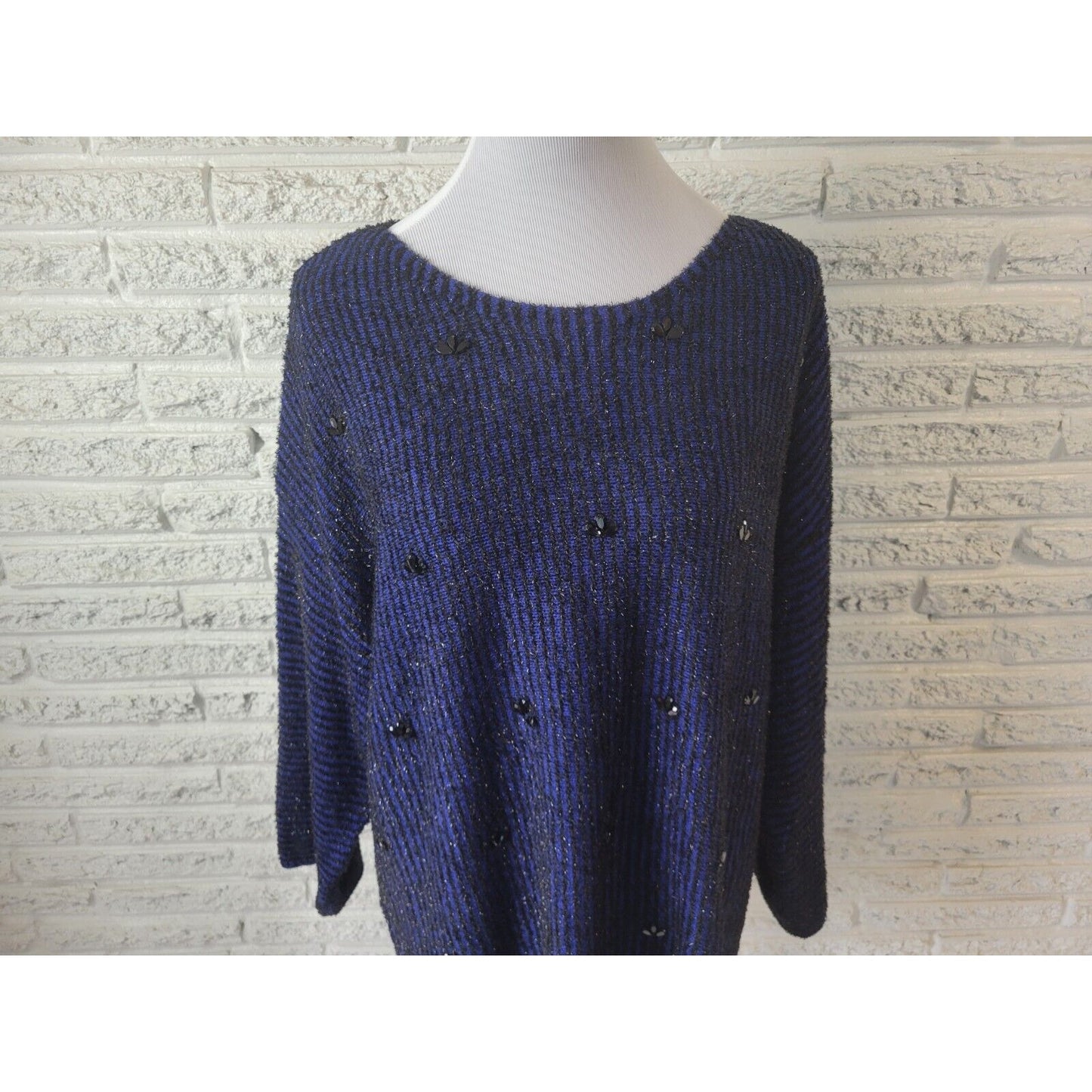 Ruby Rd Womens Sweater 2X Plus Tunic Tight Knit Blue Stripe Metallic Beaded