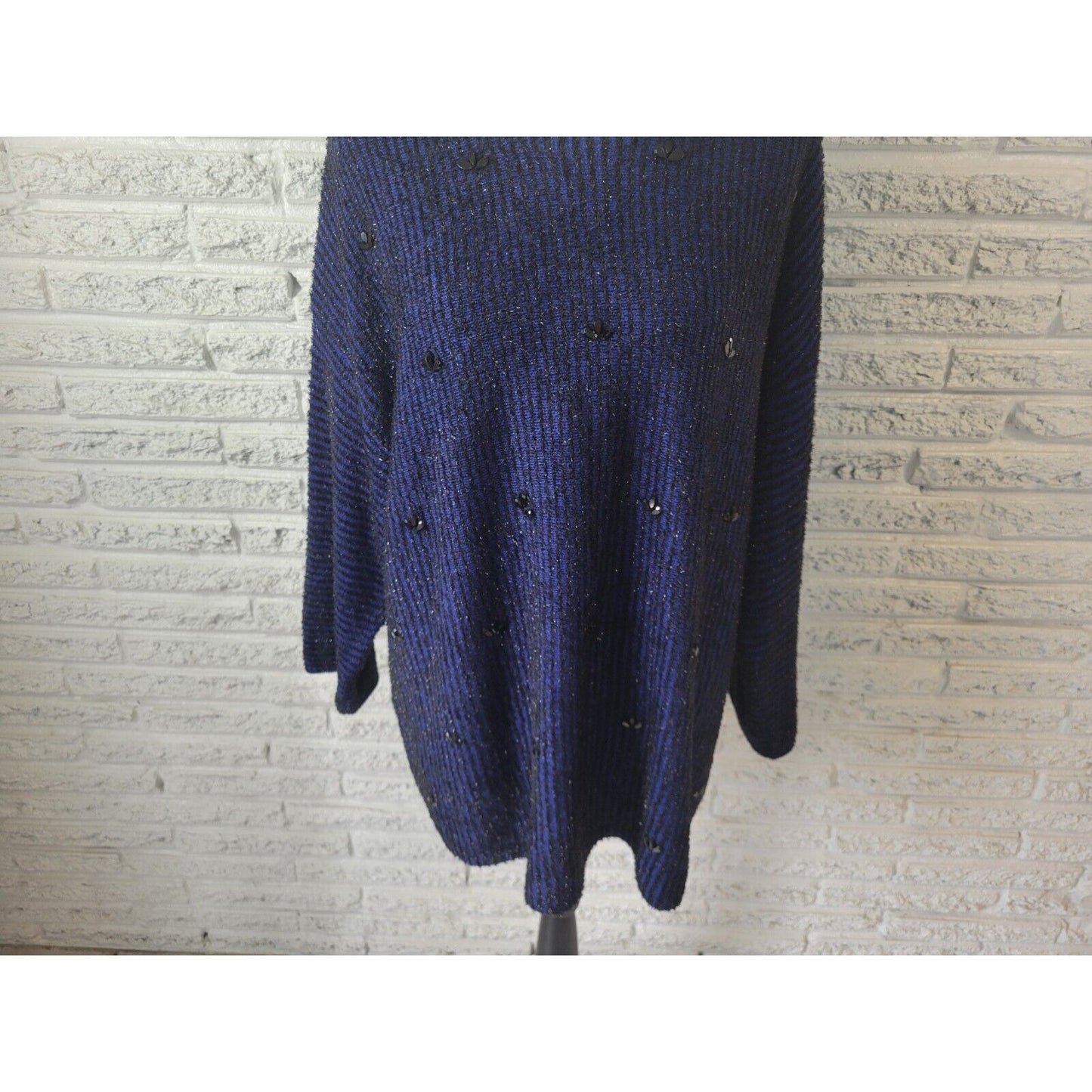 Ruby Rd Womens Sweater 2X Plus Tunic Tight Knit Blue Stripe Metallic Beaded