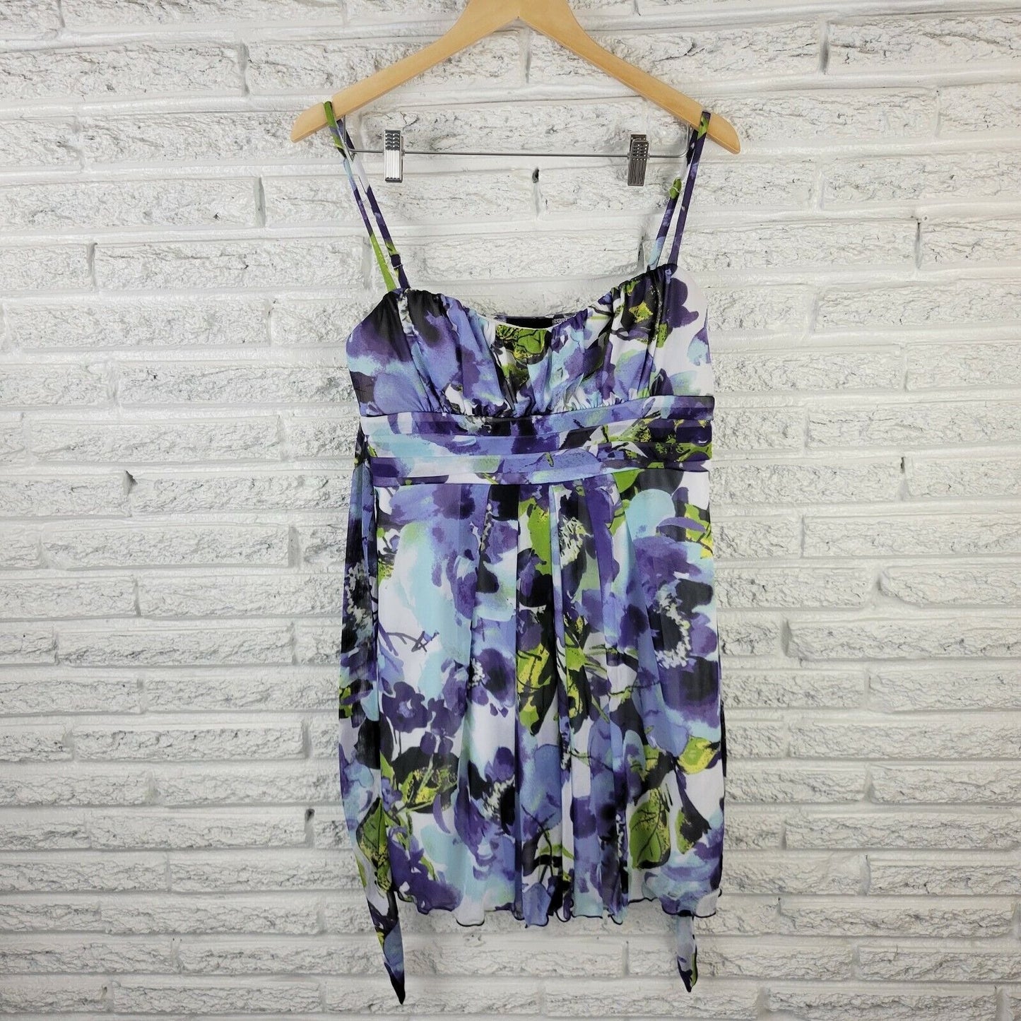 IZ Byer Womens Dress XL Mini Purple Floral Spaghetti Strap Lined Slip Party Mesh