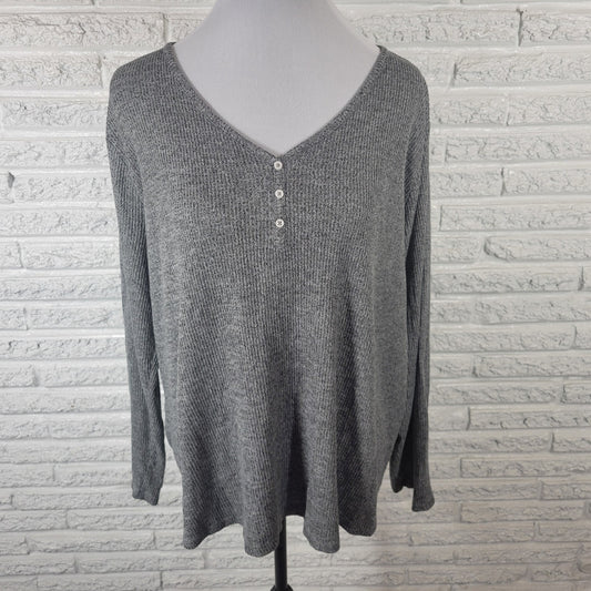 Sonoma Womens Pajama Top 2X Plus Knit Ribbed Gray Deco Buttons Lounge Poly Blend