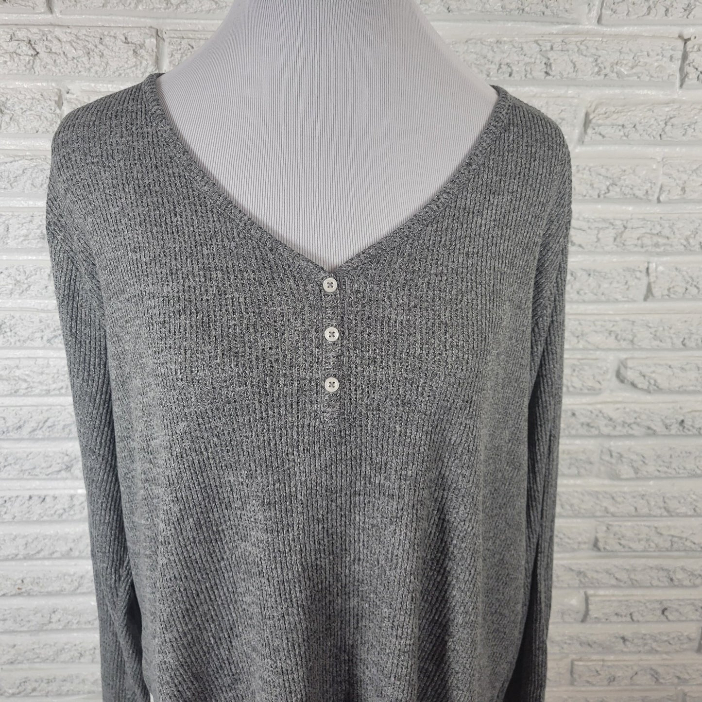 Sonoma Womens Pajama Top 2X Plus Knit Ribbed Gray Deco Buttons Lounge Poly Blend