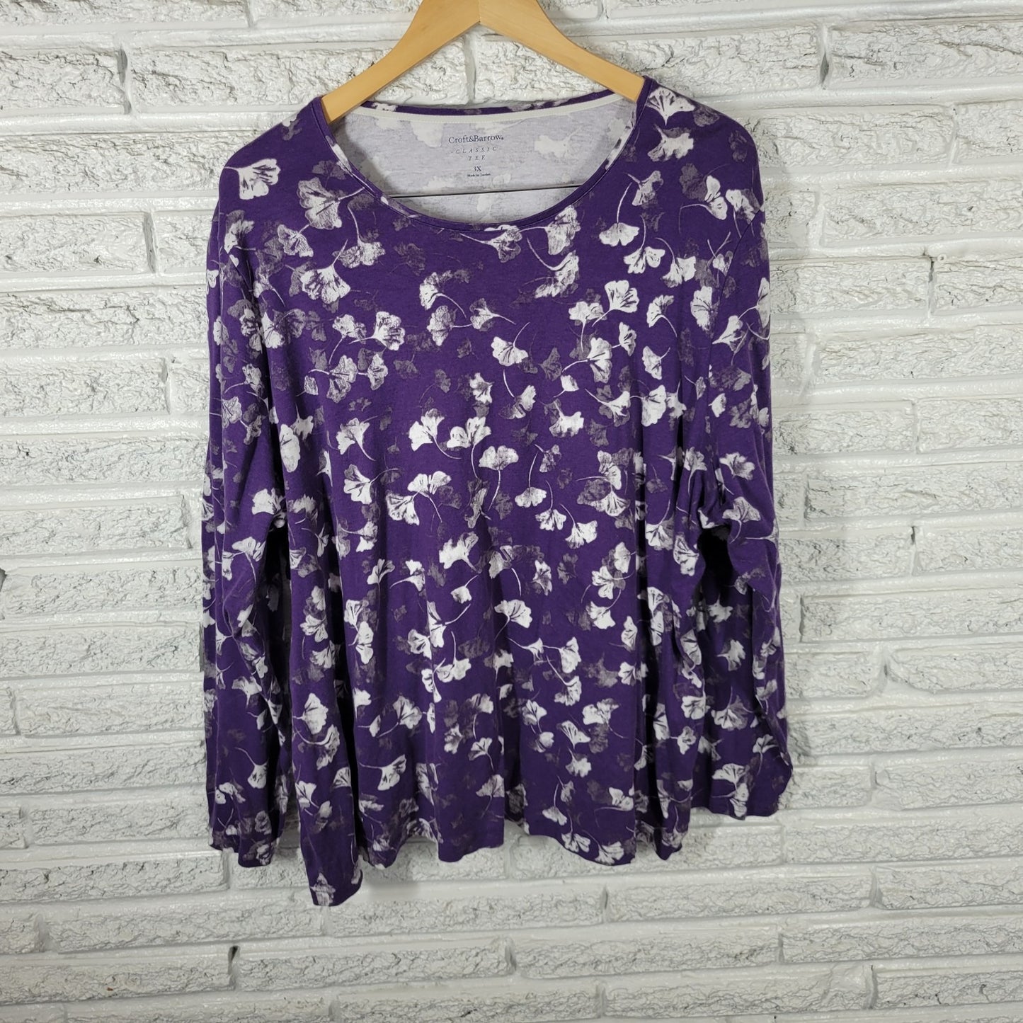 Croft Barrow Womens Top 3X Plus Tee Classic Purple Gray Floral Cotton Comfy