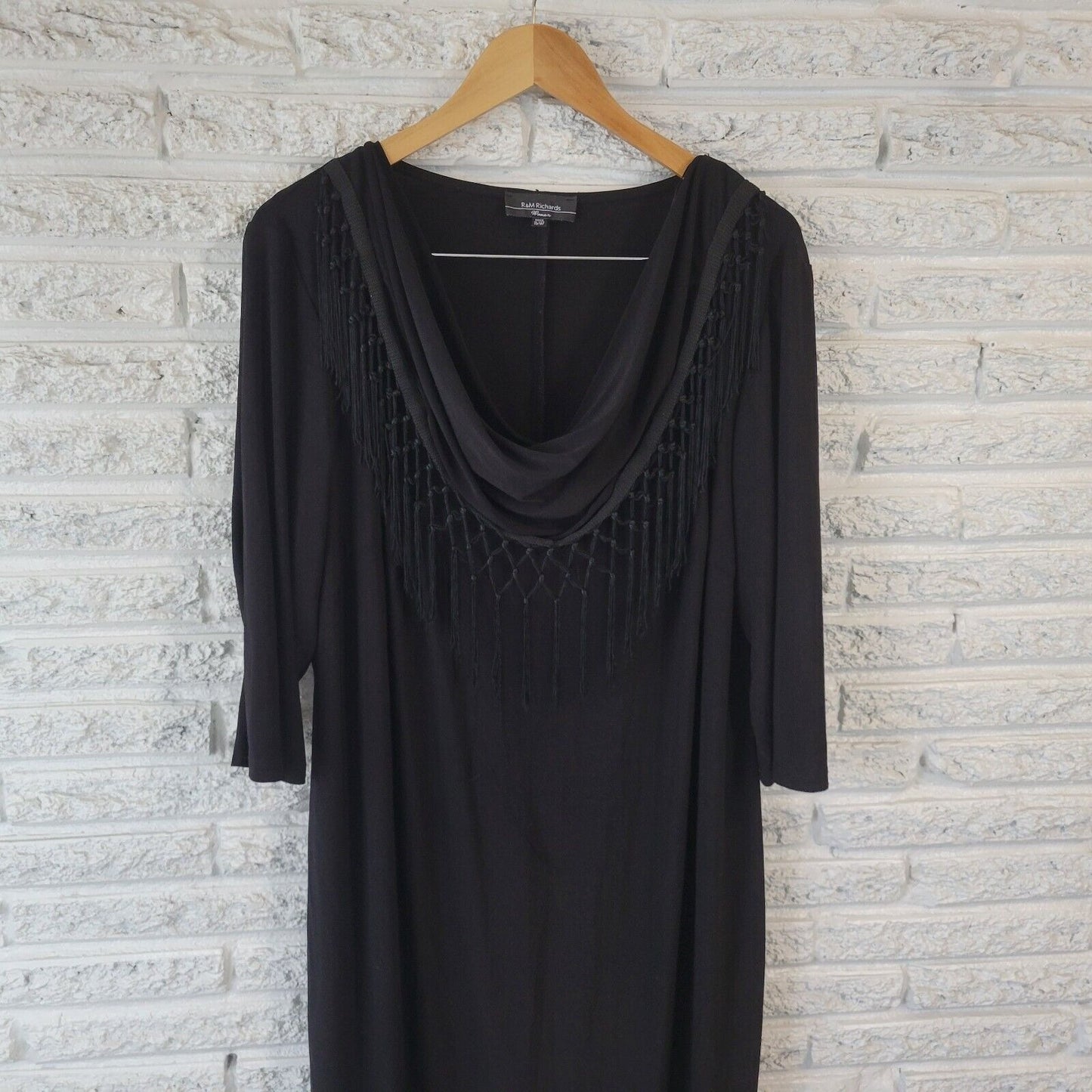 R&M Richards Womens Dress 18W Plus 3/4 Sleeve Black Fringe Cowl Neck Poly Blend