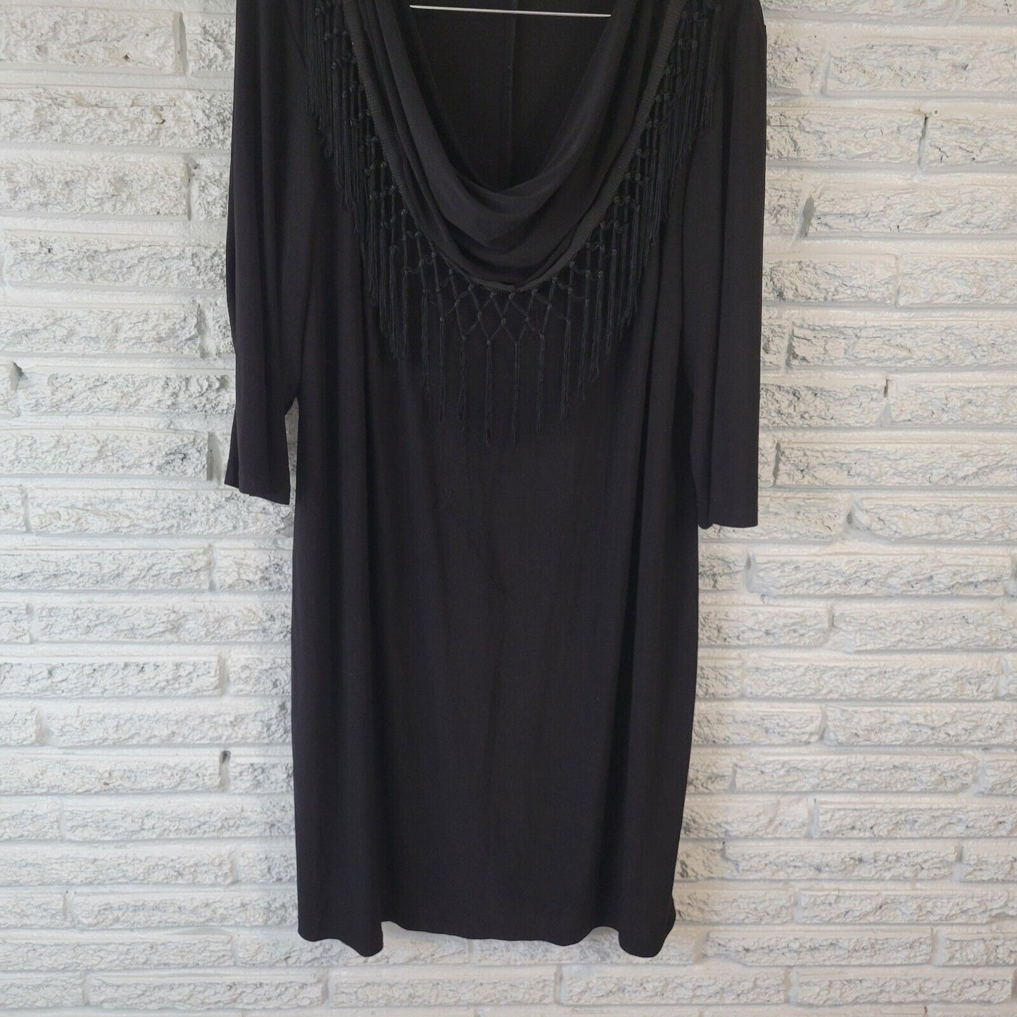 R&M Richards Womens Dress 18W Plus 3/4 Sleeve Black Fringe Cowl Neck Poly Blend