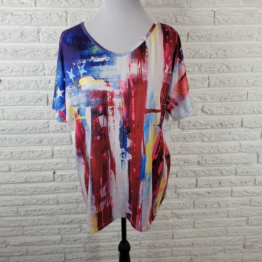Fourth of July Women Top XXL Plus Tee Short Sleeve Blue Red Watercolor Patriotic