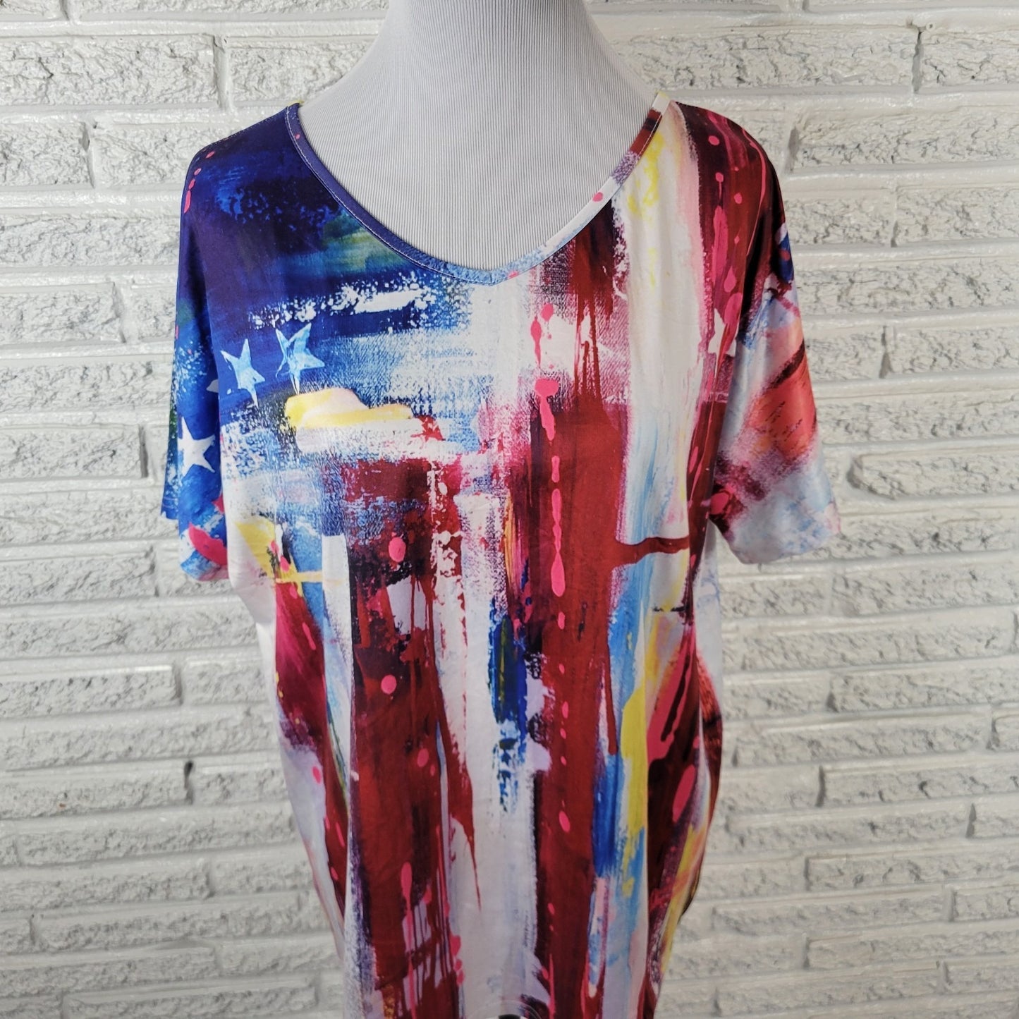 Fourth of July Women Top XXL Plus Tee Short Sleeve Blue Red Watercolor Patriotic