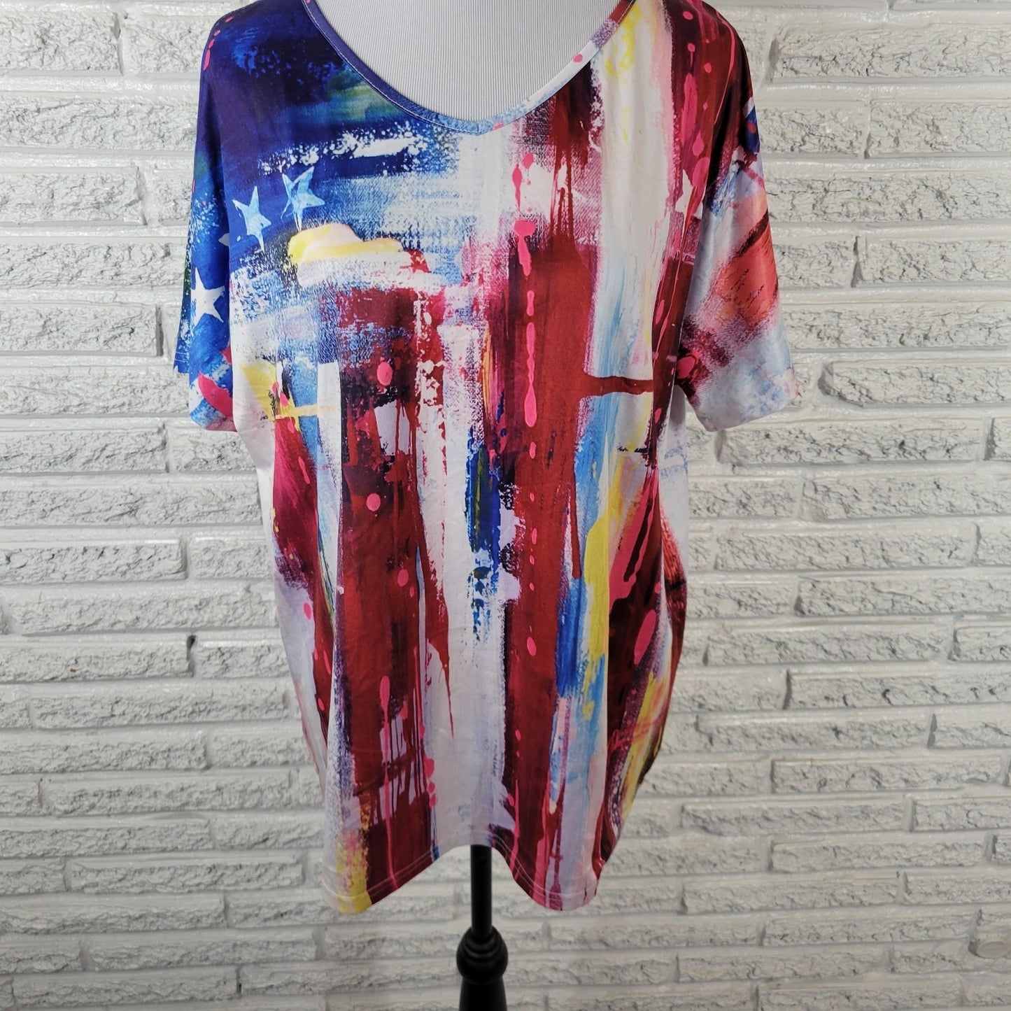 Fourth of July Women Top XXL Plus Tee Short Sleeve Blue Red Watercolor Patriotic
