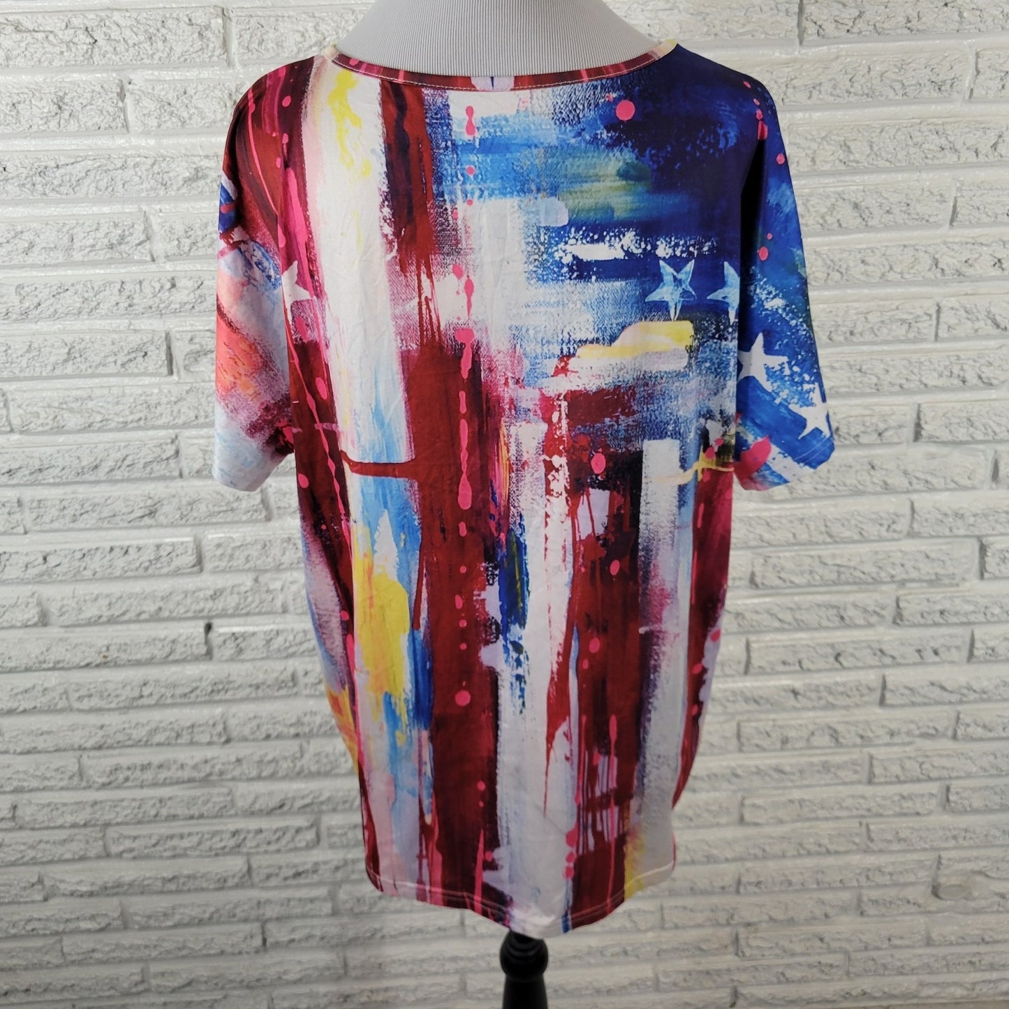 Fourth of July Women Top XXL Plus Tee Short Sleeve Blue Red Watercolor Patriotic