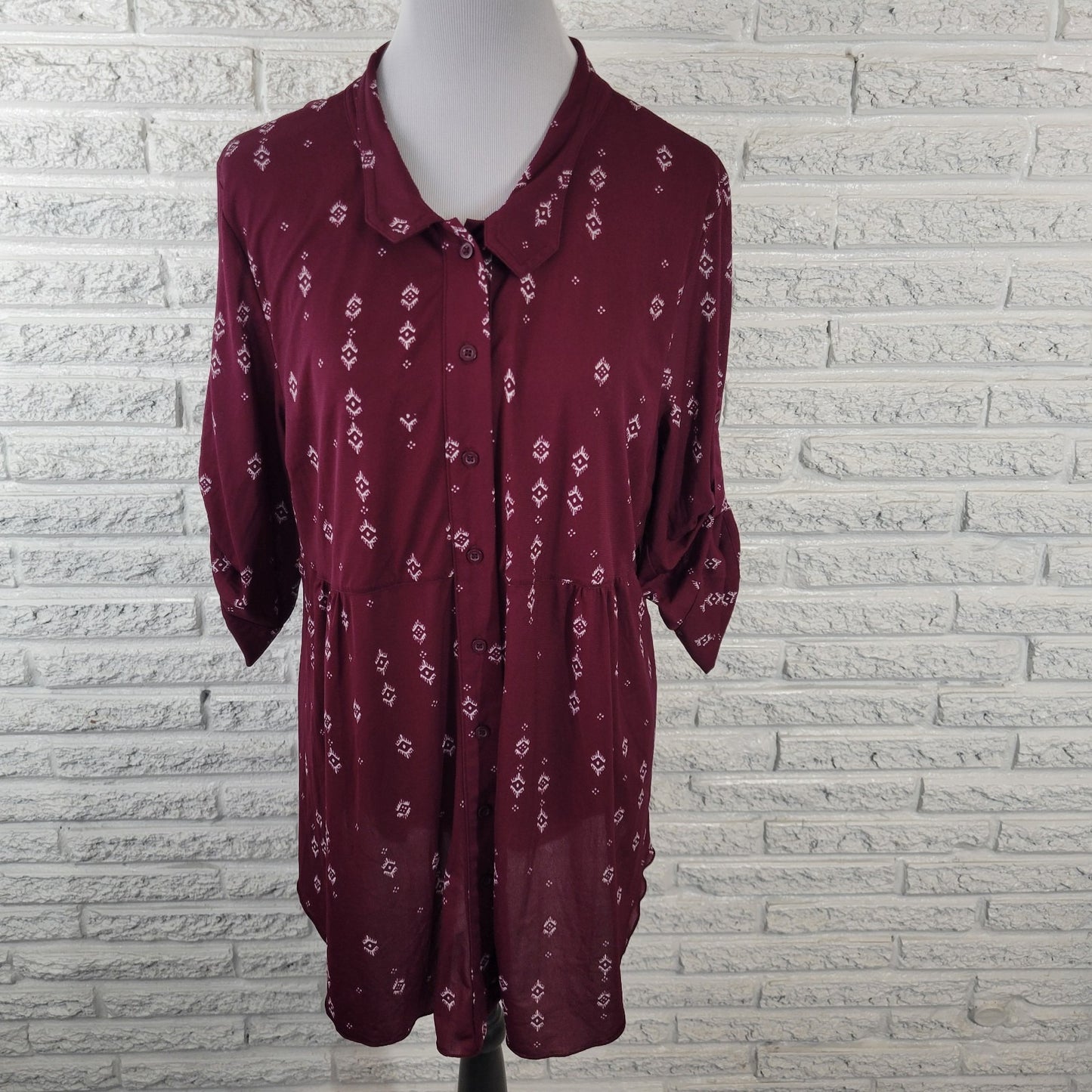 Style Co Womens Top Extra Large Roll Tab Sleeve Burgundy Geometric Nylon Button