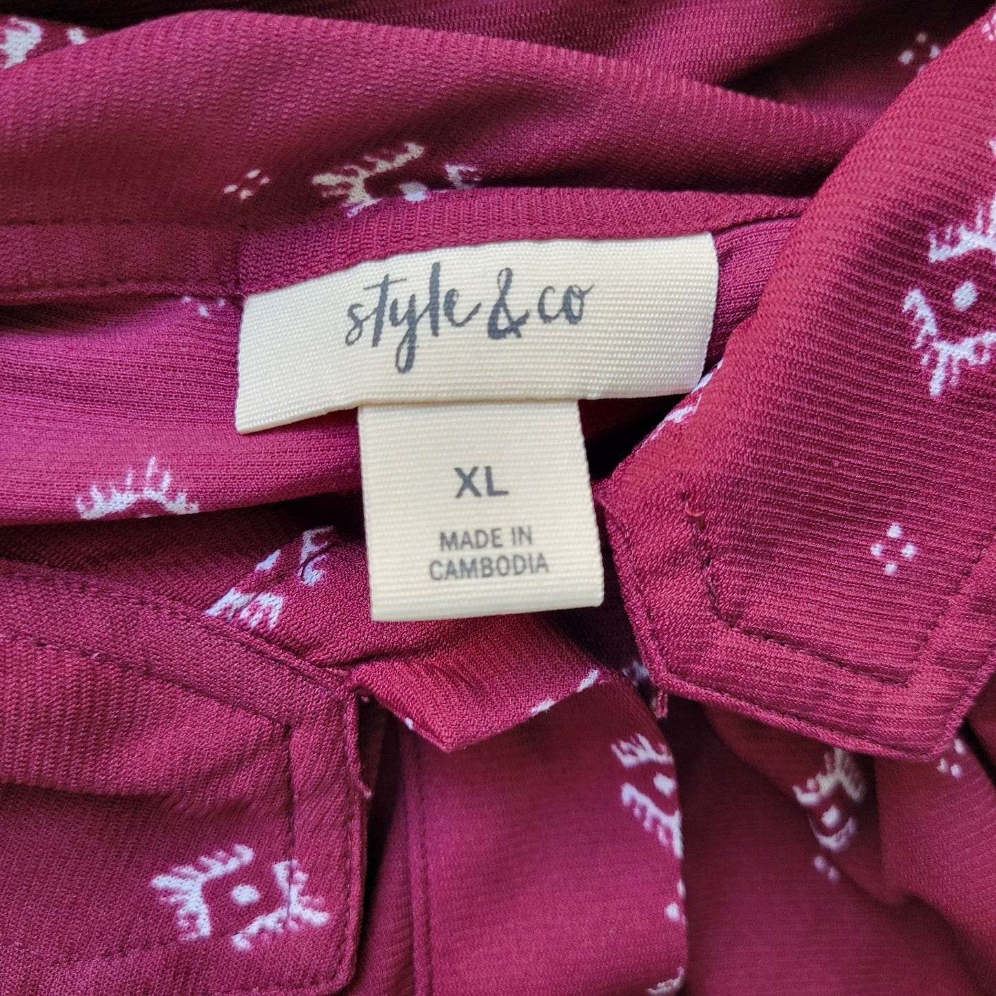 Style Co Womens Top Extra Large Roll Tab Sleeve Burgundy Geometric Nylon Button