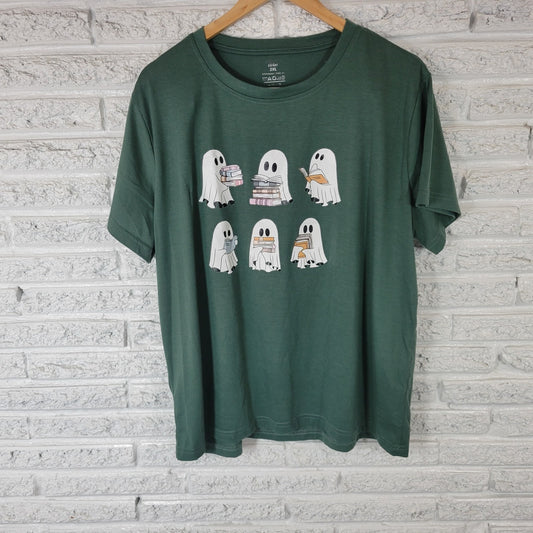 Halloween Shein Curve Womens Top 2XL Plus Tee Short Sleeves Green Reading Ghosts