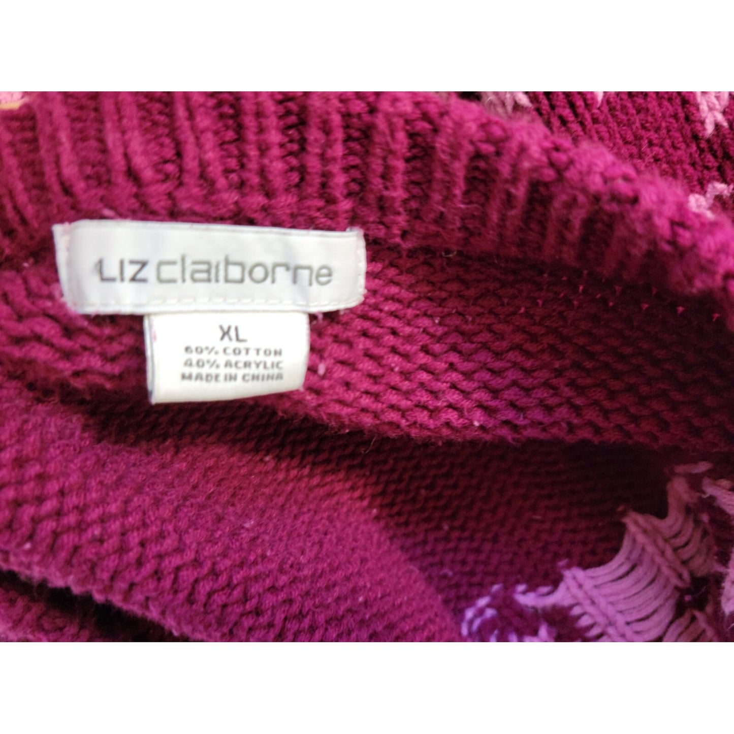 Liz Claiborne Women Sweater Extra Large XL Pullover Burgundy Pink Geometric Soft
