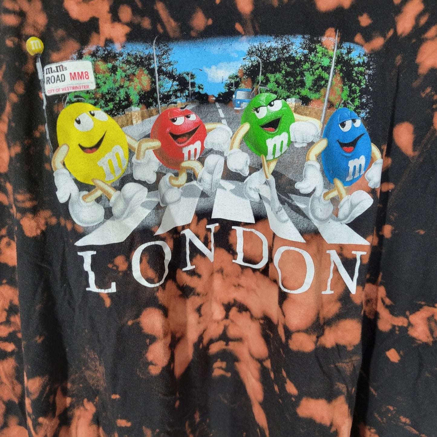 M&Ms Womens Top Extra Large XL Tee Short Sleeve London Black Tan Tie Dye Cotton