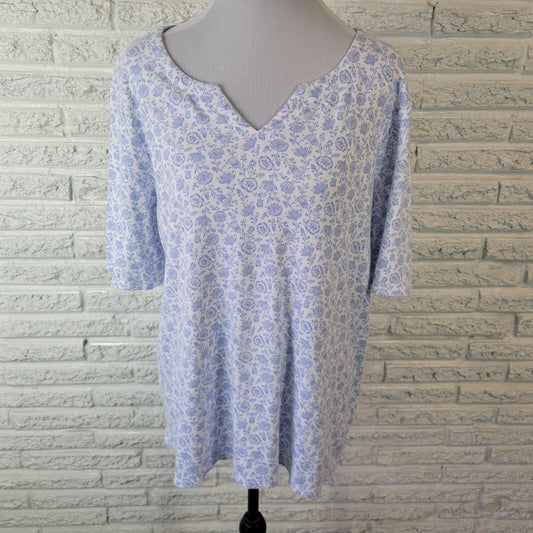 Croft Barrow Womens Top Extra Large Tee Short Sleeve Blue Floral Cotton Comfy