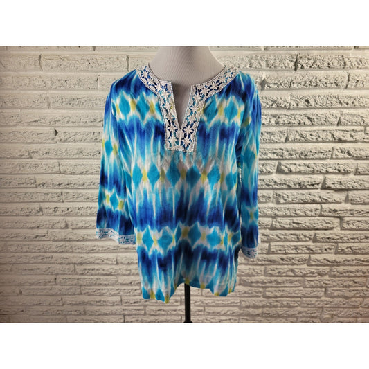 Alfred Dunner Womens Top 16 Tunic 3/4 Sleeve Blue Watercolor Crochet Cotton