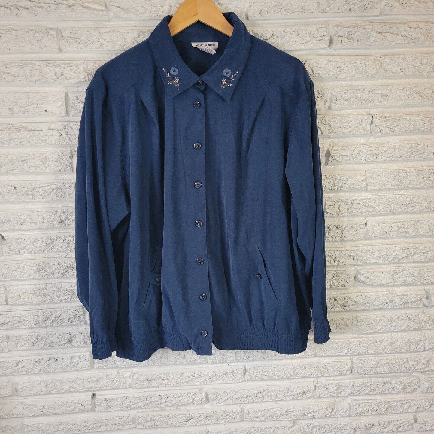 Alfred Dunner Womens Jacket 18W Button Up Blue Pockets Embroidered Casual Soft