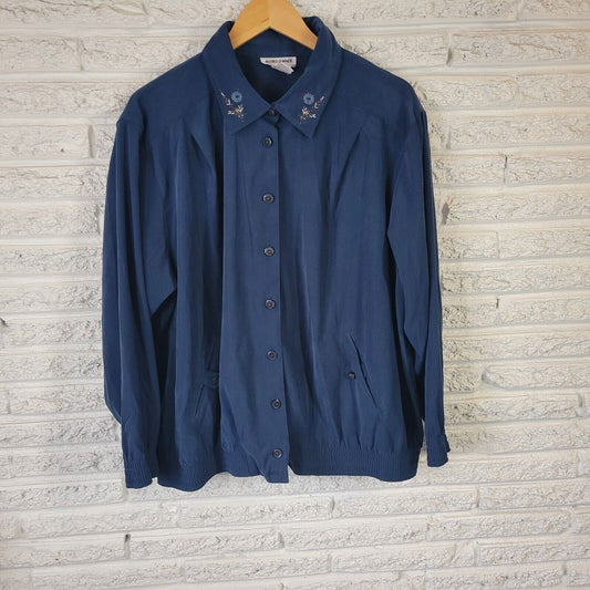 Alfred Dunner Womens Jacket 18W Button Up Blue Pockets Embroidered Casual Soft