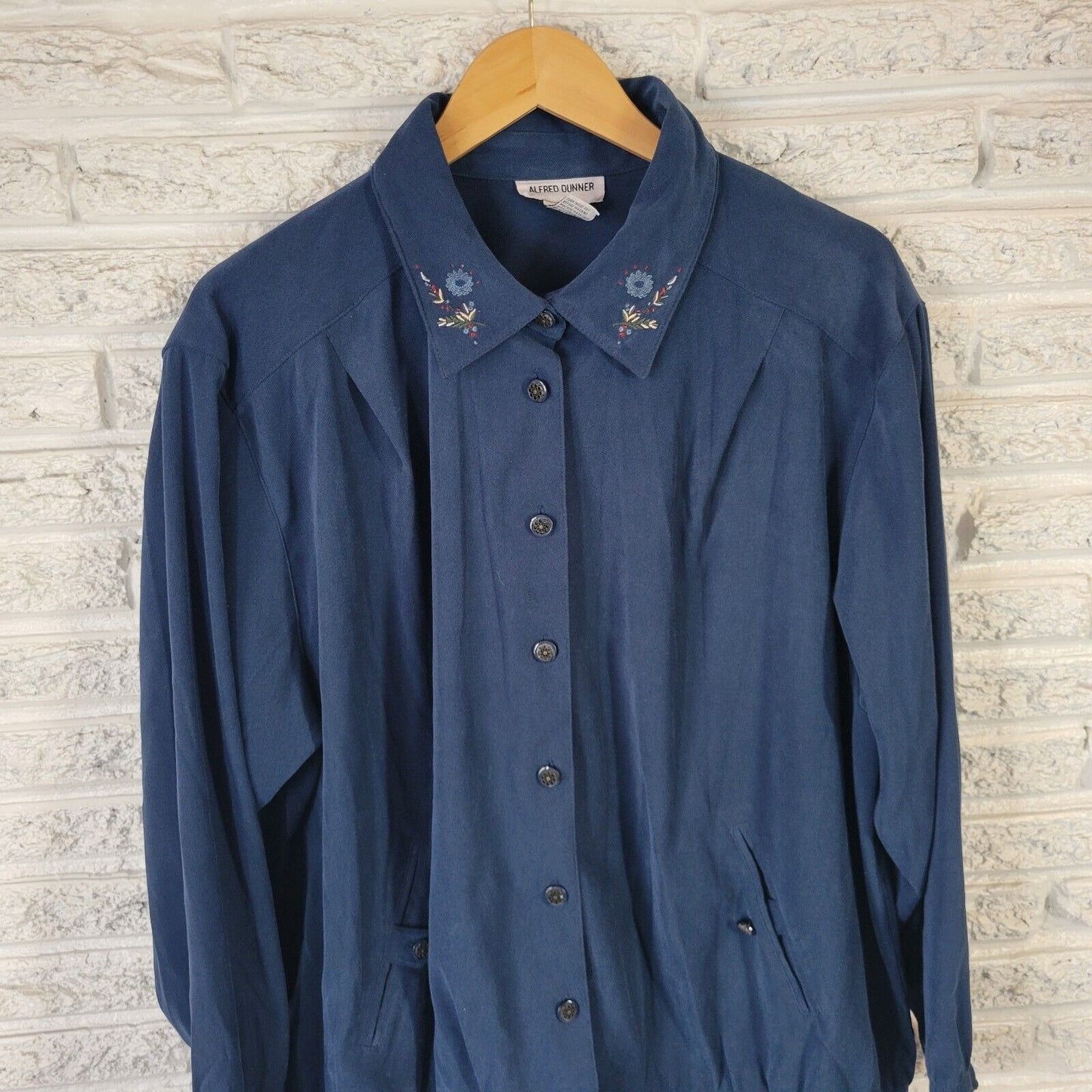 Alfred Dunner Womens Jacket 18W Button Up Blue Pockets Embroidered Casual Soft