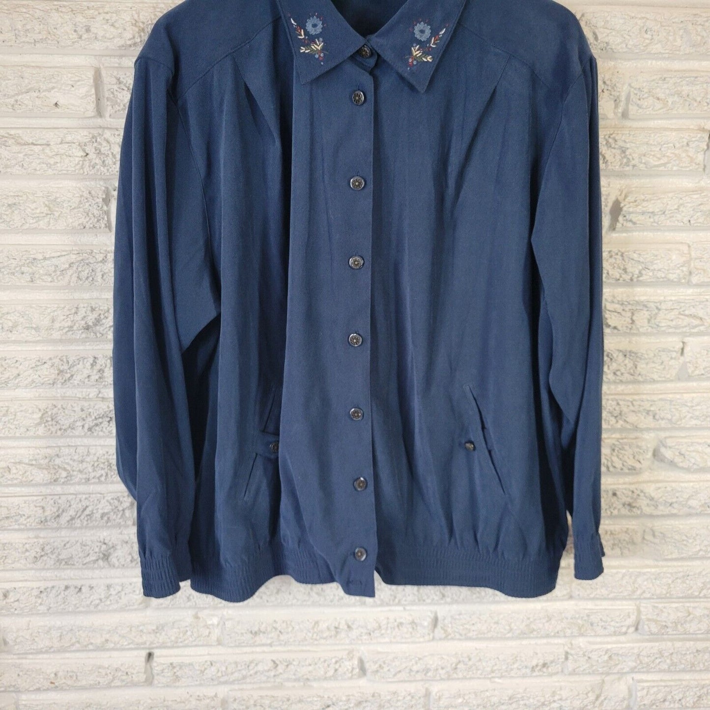 Alfred Dunner Womens Jacket 18W Button Up Blue Pockets Embroidered Casual Soft